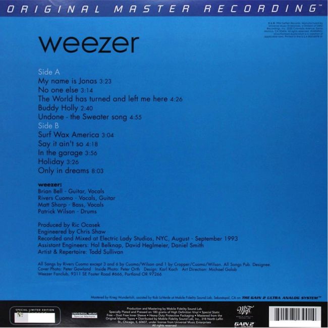 Weezer Weezer Blue Album Mofi Lp Coloured Vinyl Limited Numbered Selby